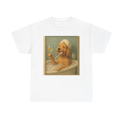 Dog in Bathtub T-Shirt — Cute Golden Retriever Relaxing with Wine Graphic Tee
