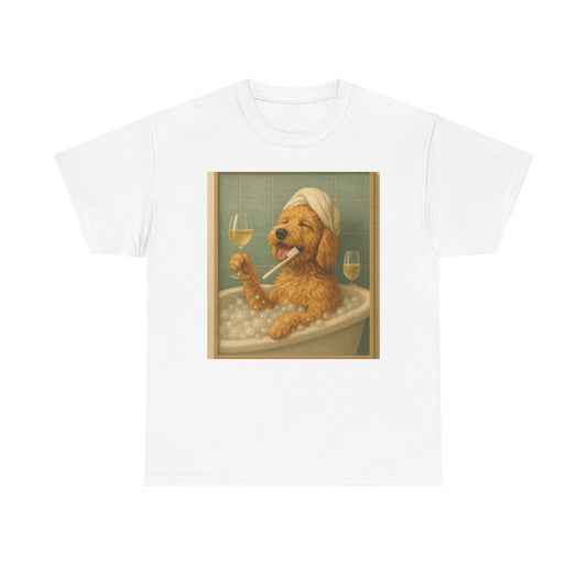 Dog in Bathtub T-Shirt — Cute Golden Retriever Relaxing with Wine Graphic Tee
