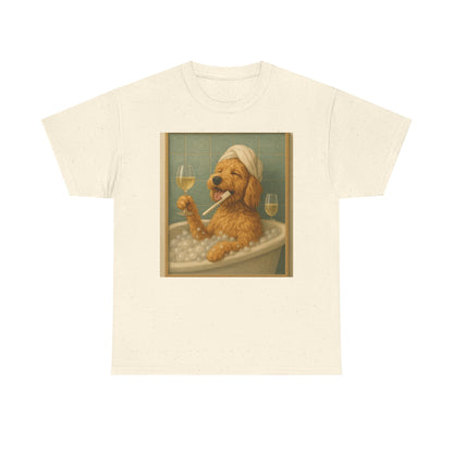 Dog in Bathtub T-Shirt — Cute Golden Retriever Relaxing with Wine Graphic Tee