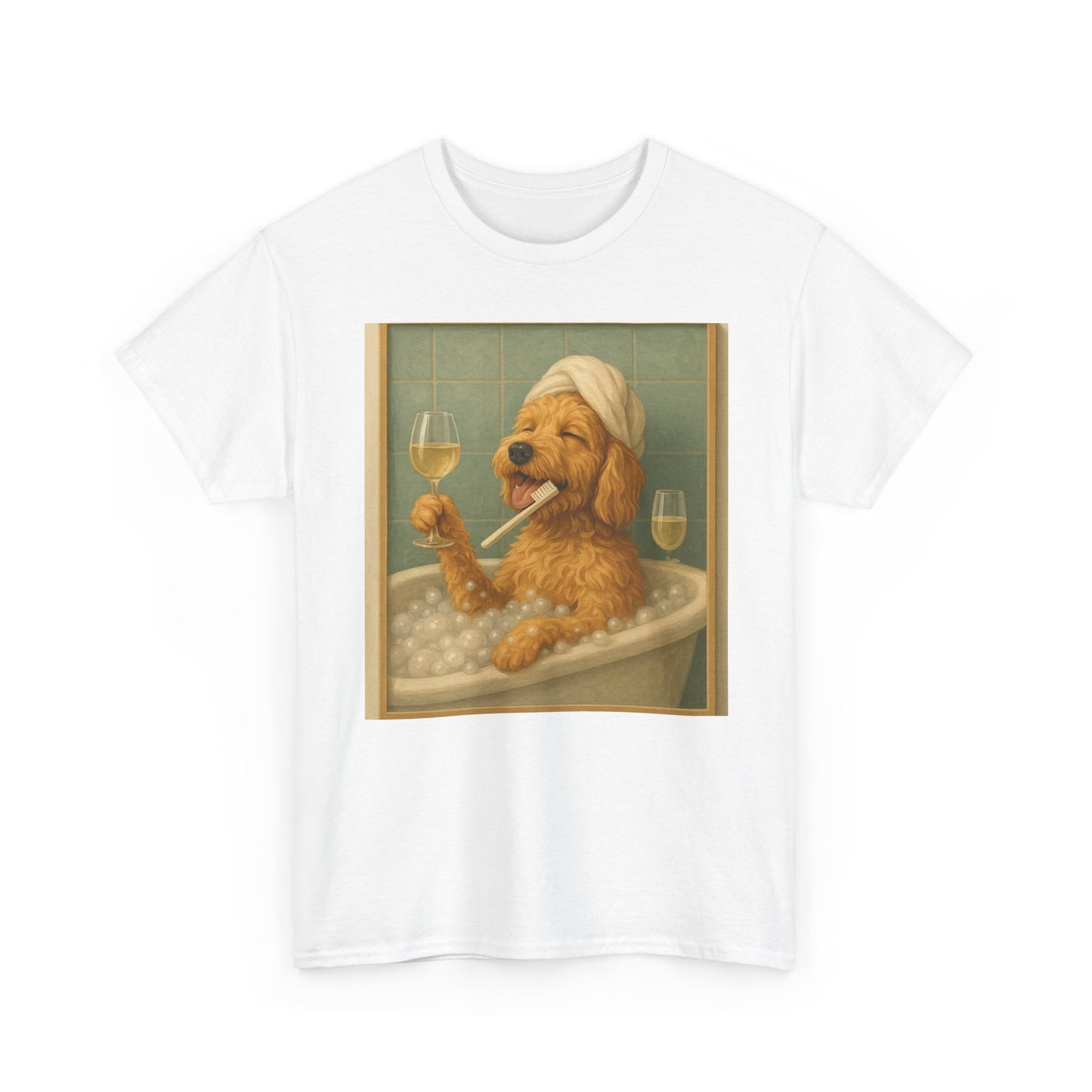 Dog in Bathtub T-Shirt — Cute Golden Retriever Relaxing with Wine Graphic Tee