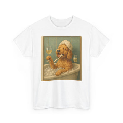 Dog in Bathtub T-Shirt — Cute Golden Retriever Relaxing with Wine Graphic Tee