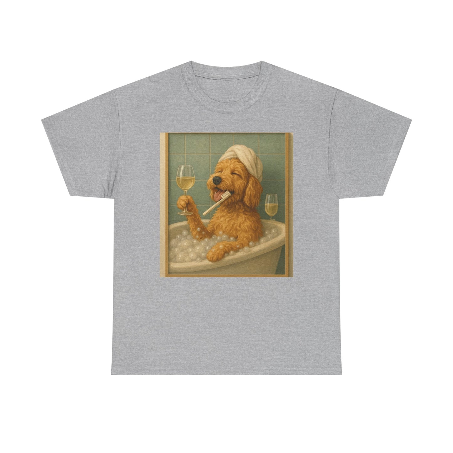 Dog in Bathtub T-Shirt — Cute Golden Retriever Relaxing with Wine Graphic Tee
