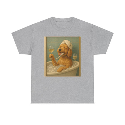 Dog in Bathtub T-Shirt — Cute Golden Retriever Relaxing with Wine Graphic Tee
