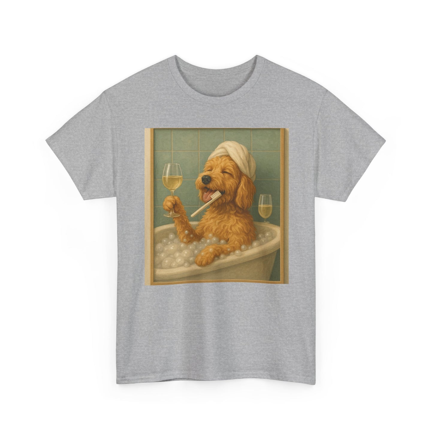 Dog in Bathtub T-Shirt — Cute Golden Retriever Relaxing with Wine Graphic Tee