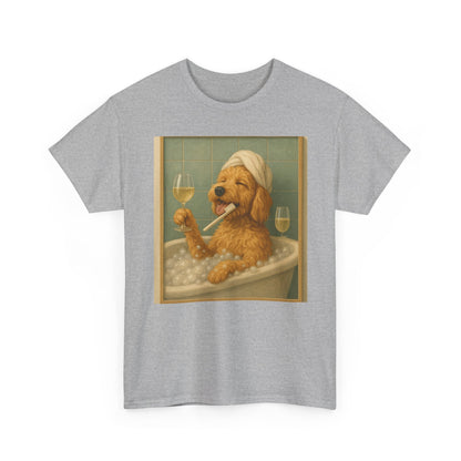 Dog in Bathtub T-Shirt — Cute Golden Retriever Relaxing with Wine Graphic Tee