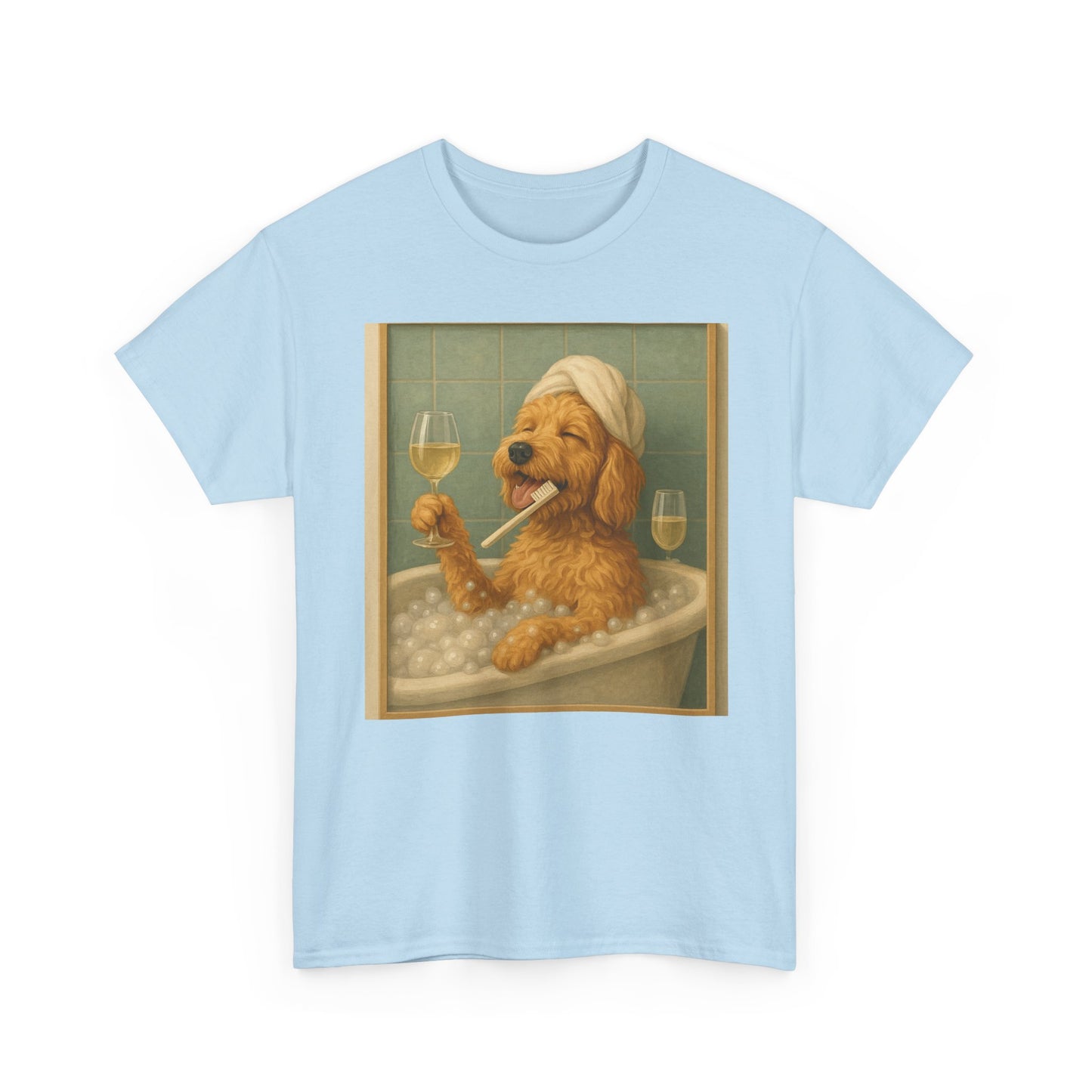 Dog in Bathtub T-Shirt — Cute Golden Retriever Relaxing with Wine Graphic Tee