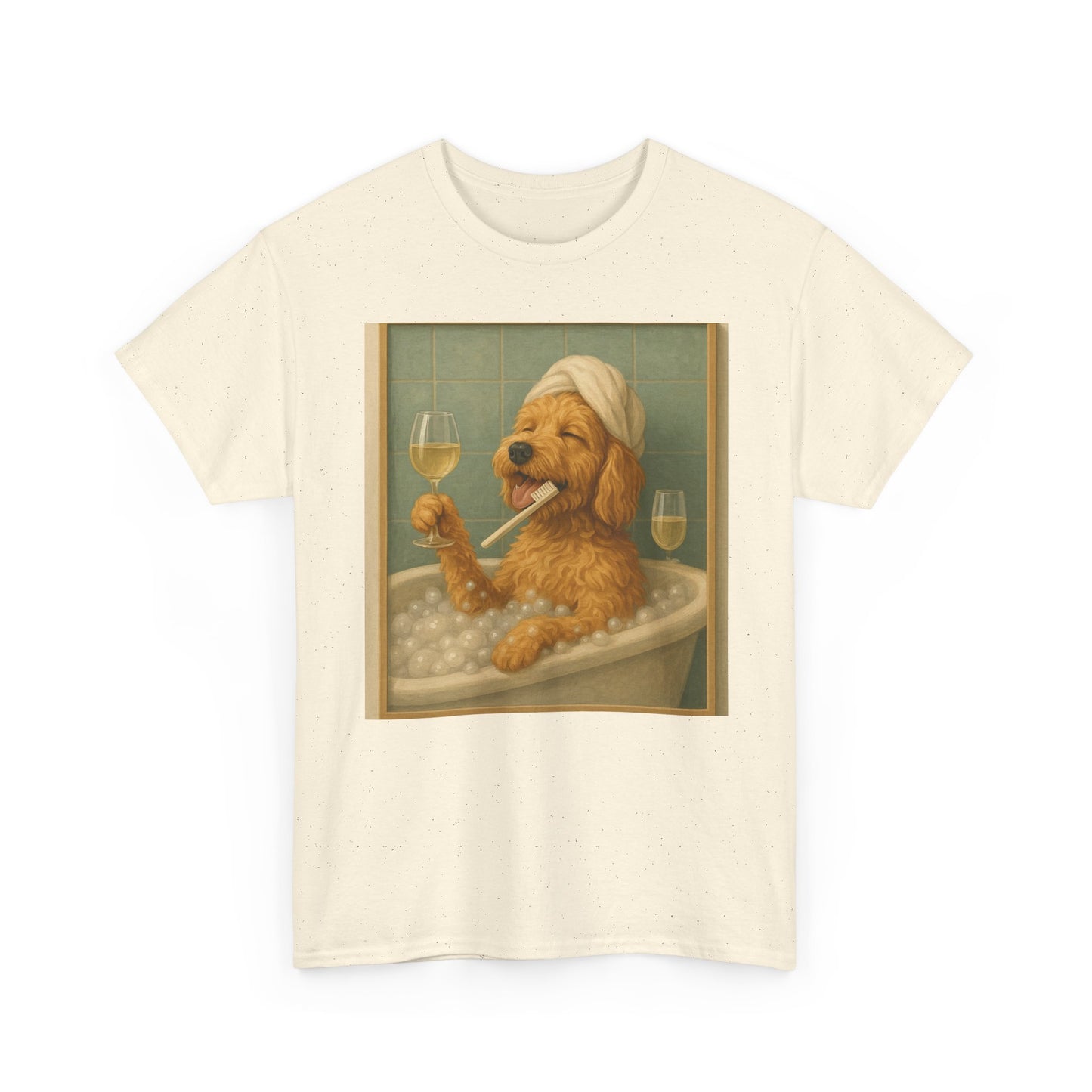 Dog in Bathtub T-Shirt — Cute Golden Retriever Relaxing with Wine Graphic Tee