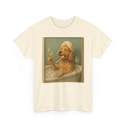 Dog in Bathtub T-Shirt — Cute Golden Retriever Relaxing with Wine Graphic Tee