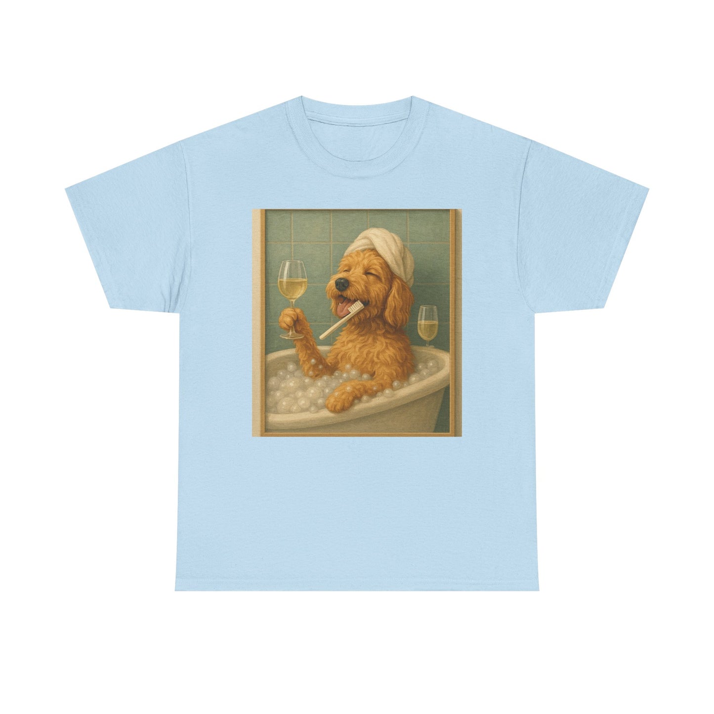 Dog in Bathtub T-Shirt — Cute Golden Retriever Relaxing with Wine Graphic Tee