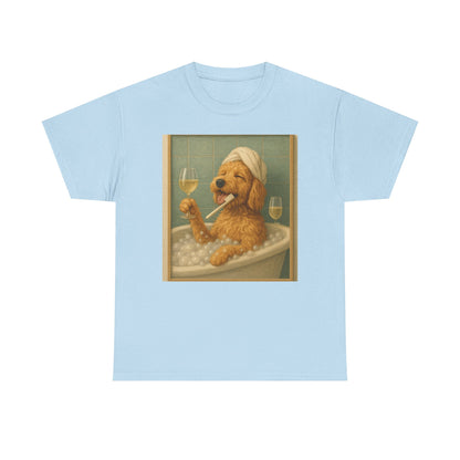 Dog in Bathtub T-Shirt — Cute Golden Retriever Relaxing with Wine Graphic Tee